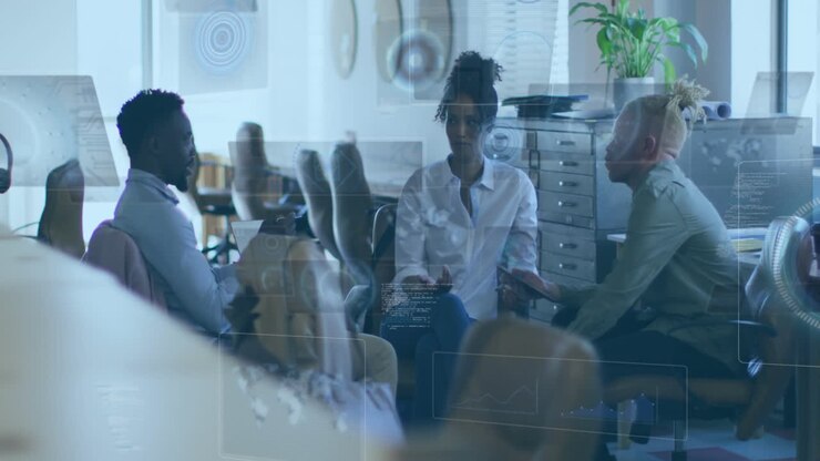 Animation of scopes scanning and data processing over diverse business people in office