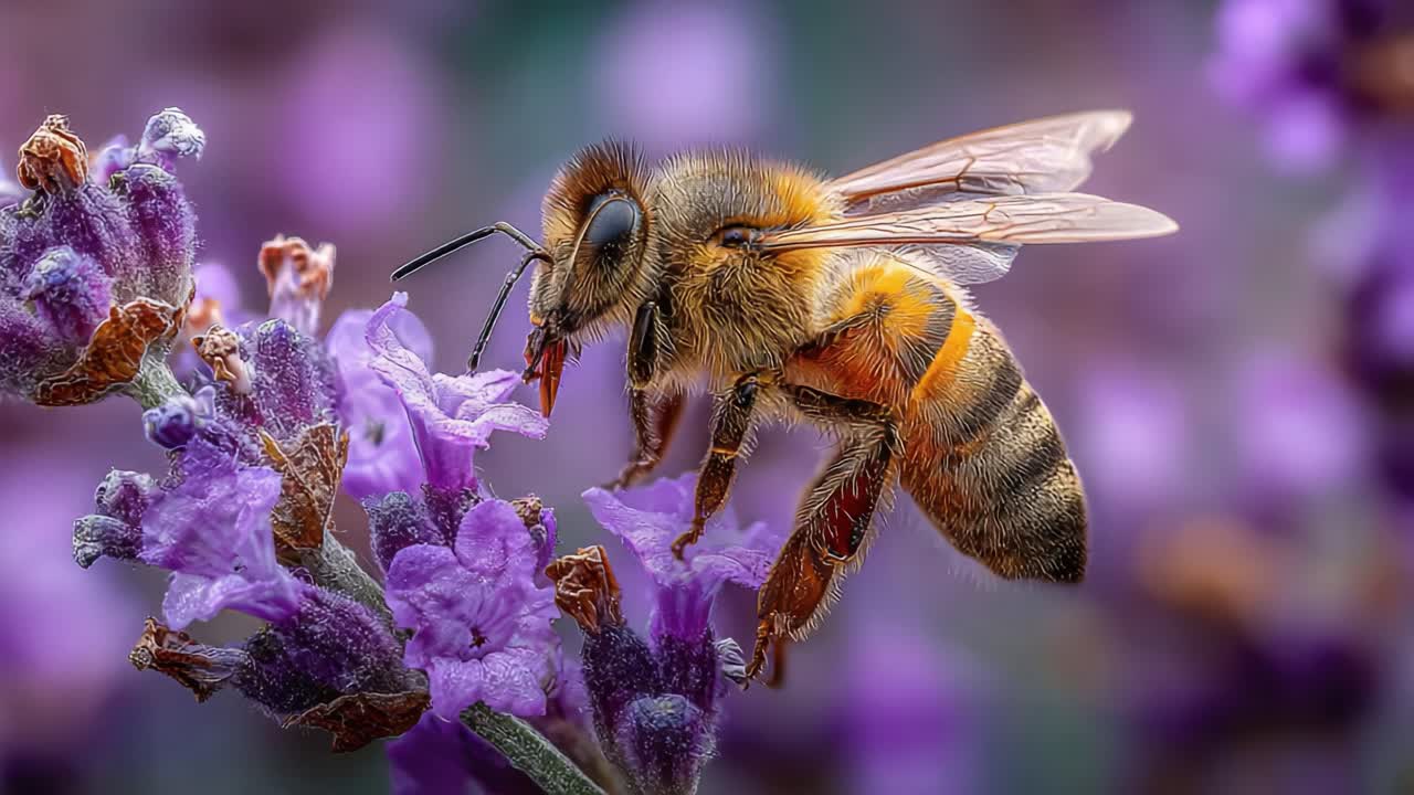 Vue rapprochée d’une abeille butinant des fleurs de lavande, mettant en valeur les subtilités de la nature dans un environnement coloré et florissant