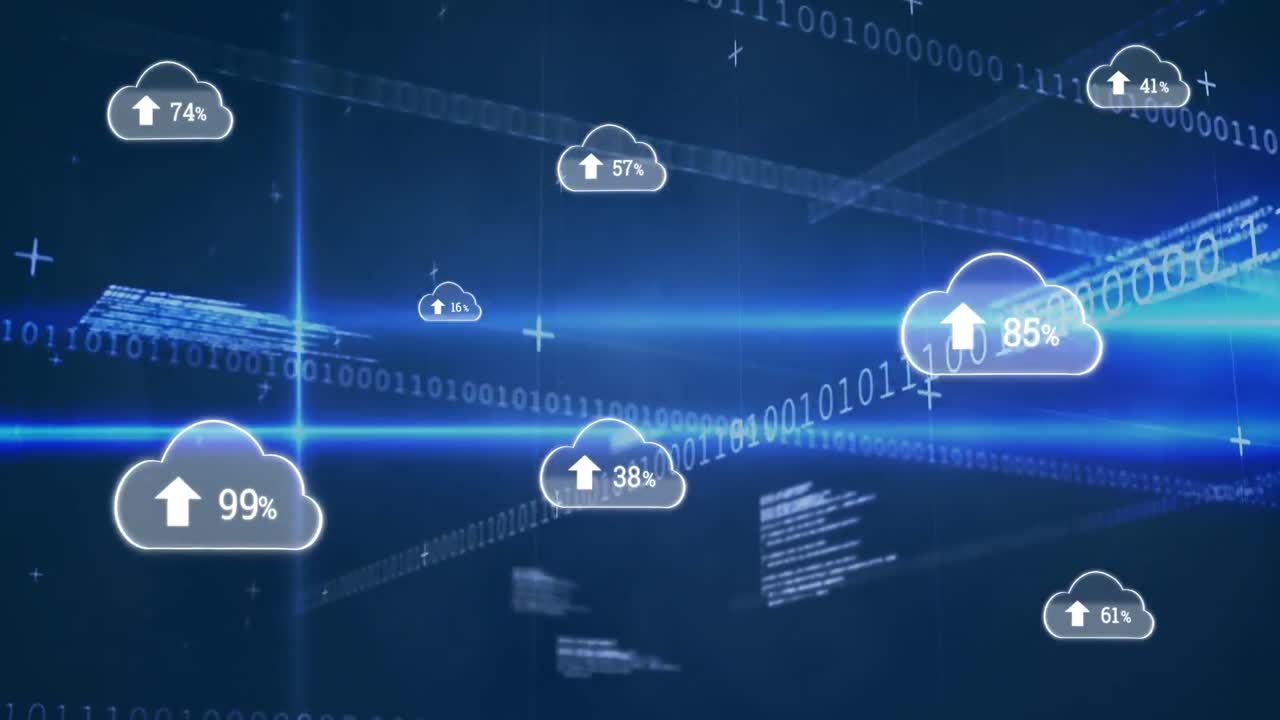 구름 아이콘의 애니메이션과 어두운 배경의 데이터 처리