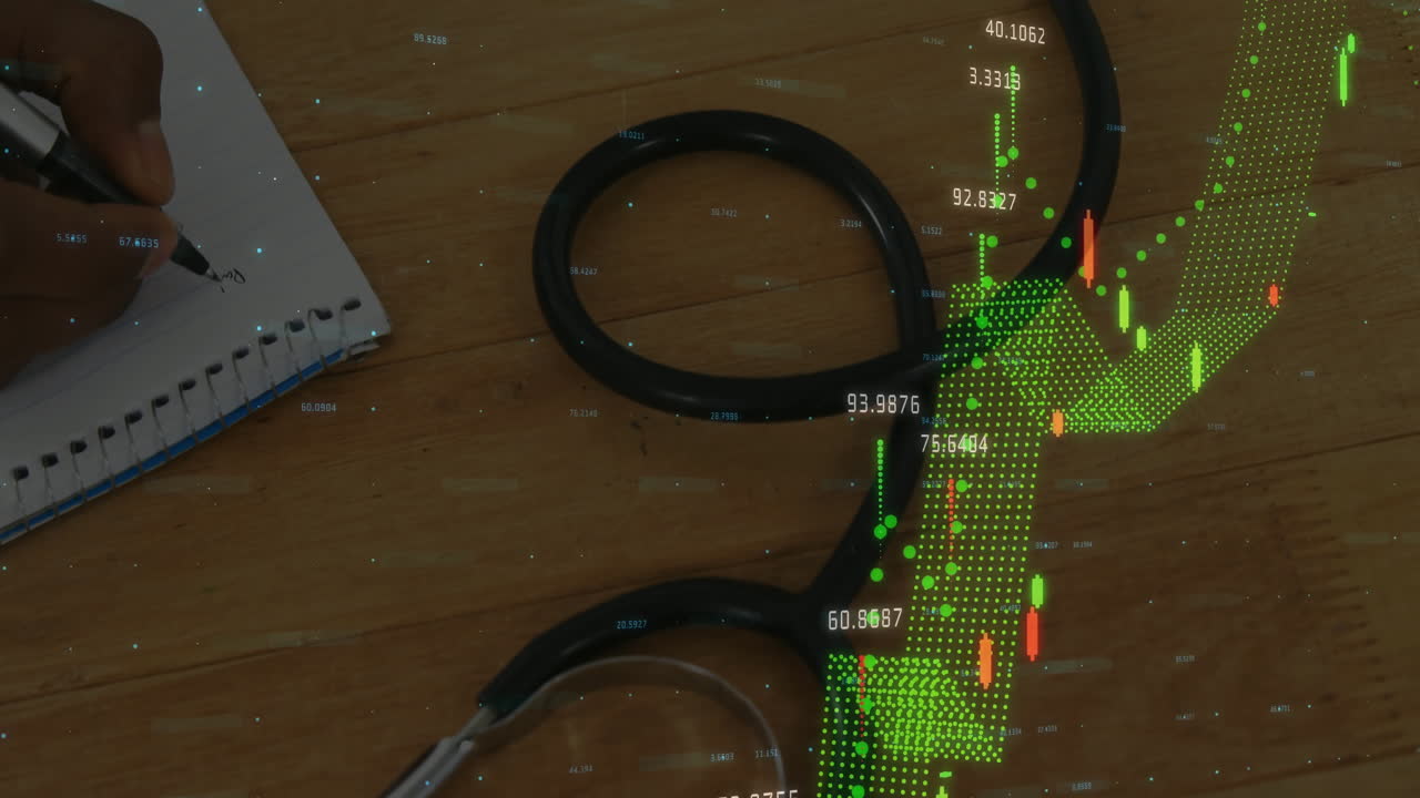 Male hand writing on notebook by magnifying glass, showing stock candlestick chart and data overlay