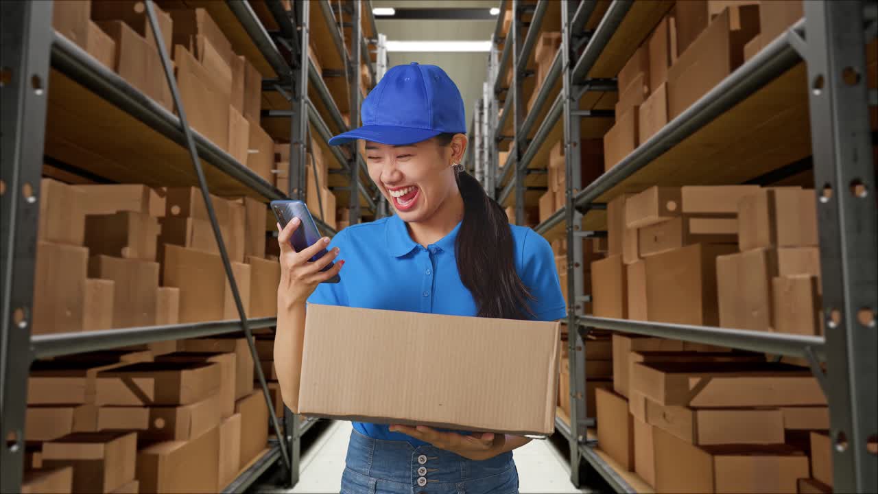 mensajera asiática en uniforme azul mirando el teléfono inteligente y celebrando el éxito mientras entrega una caja en el almacén