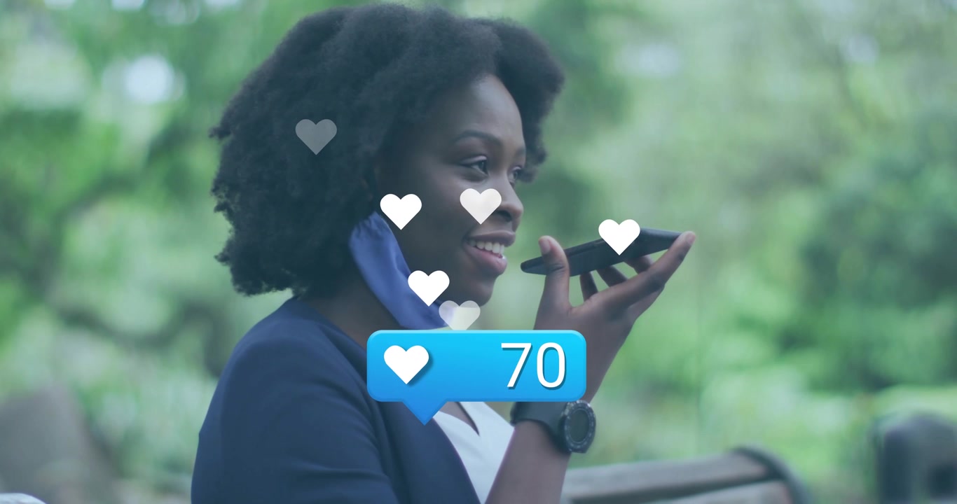 Woman sitting bench sending voice message starting social media hearts rising to 95 amid confetti