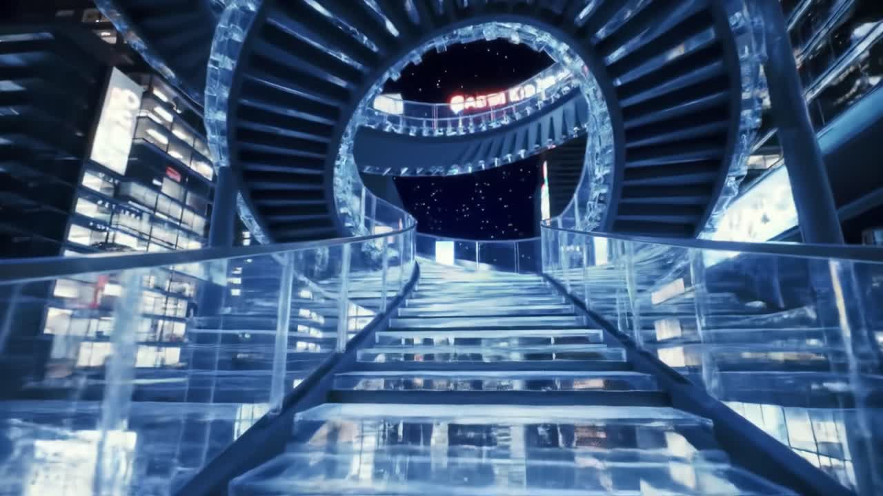 A Dreamlike Journey Through an Ethereal Spiral Staircase in a Futuristic Cityscape at Night, Surrounded by Glimmering Glass Structures and Stars