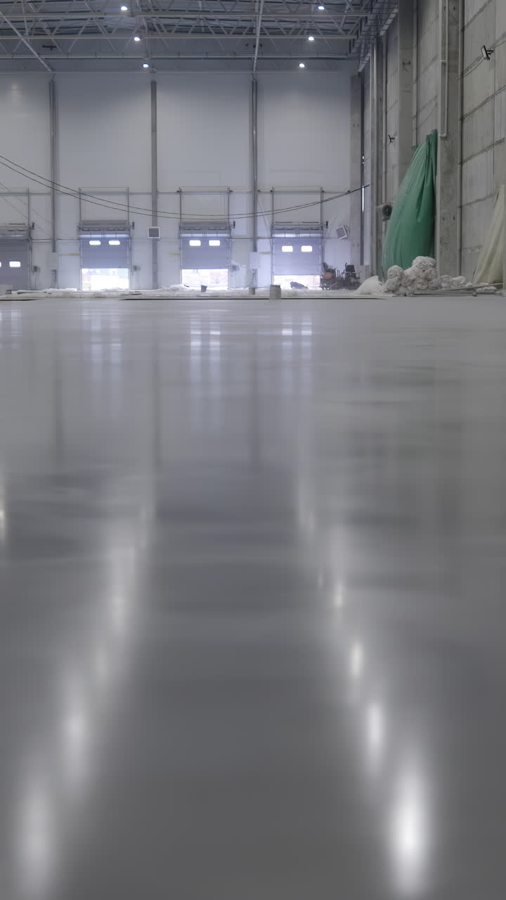 새 콘크리트 바닥이 건설 중인 빈 창고