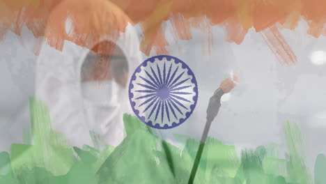 animation of worker in ppe suit disinfecting office over indian flag