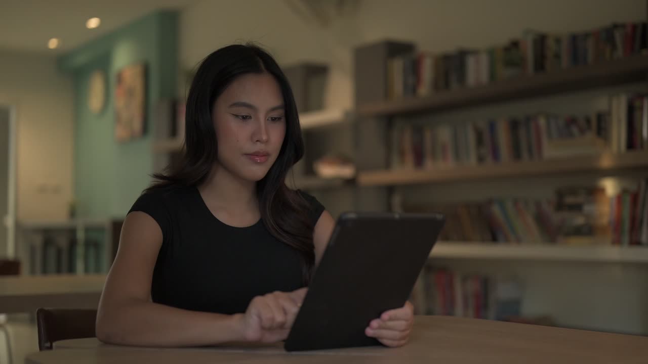 Beautiful Asian Thai woman in library using digital tablet computer looking surprised and shocked
