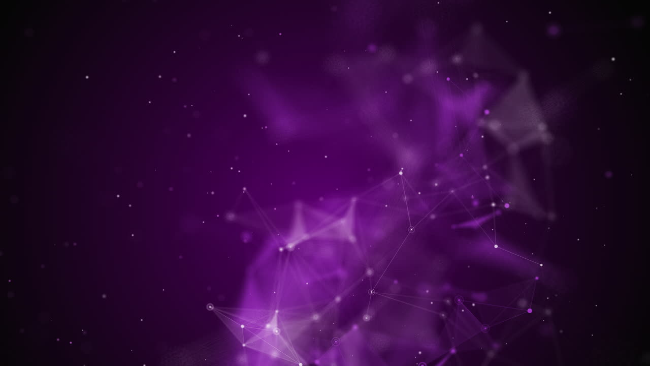 Cosmic abstract space with blurred shapes. Purple background with plexus lines and small moving particles. Copy space. Looped motion graphics.