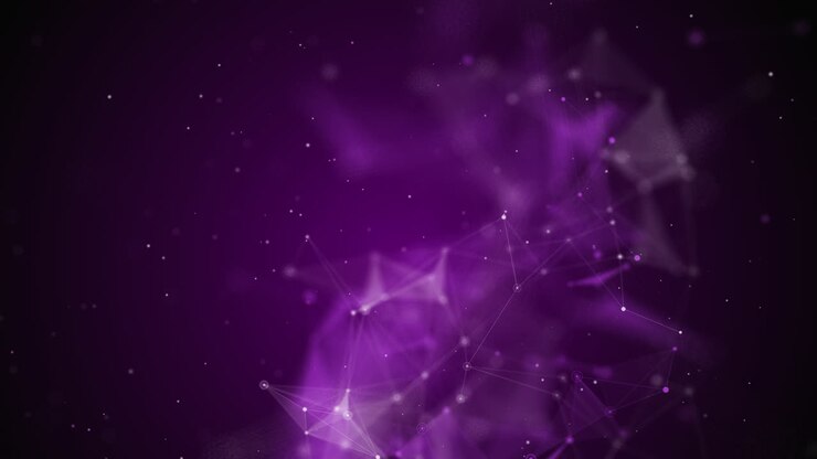 Cosmic abstract space with blurred shapes. Purple background with plexus lines and small moving particles. Copy space. Looped motion graphics.