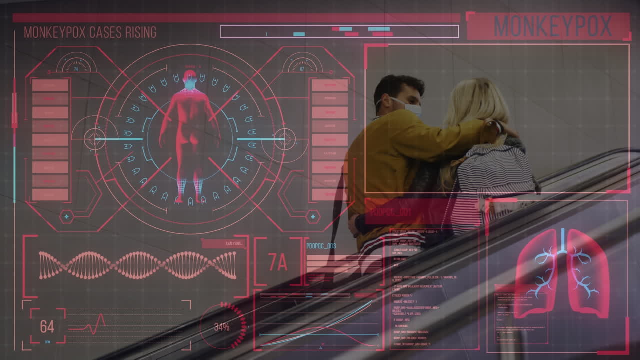 데이터와 백인 부부와 함께 디지털 스크린에서 원이 천연두의 애니메이션