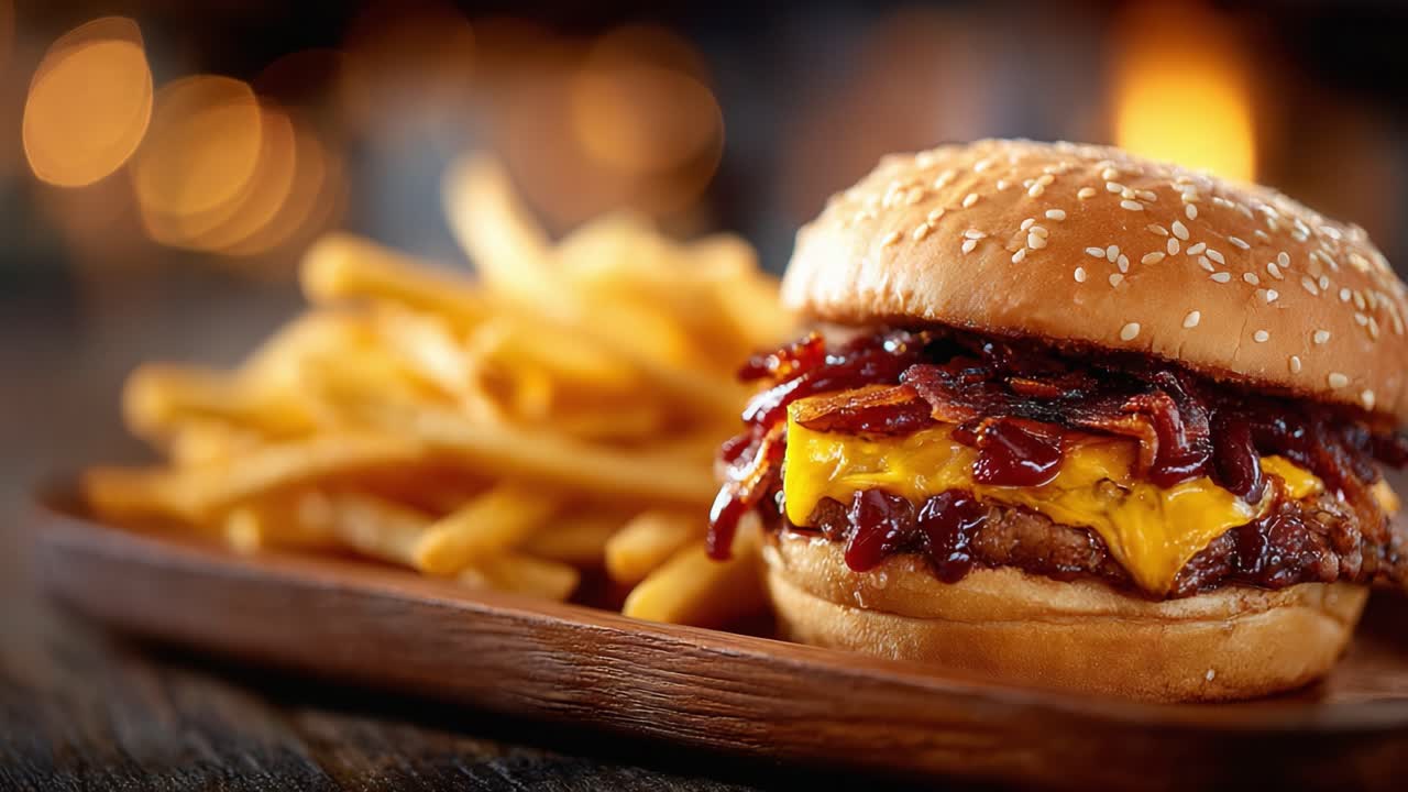 Köstlicher Cheeseburger mit Speck und BBQ-Soße, serviert mit knusprigen Pommes, perfekt in Szene gesetzt für ein köstliches kulinarisches Erlebnis