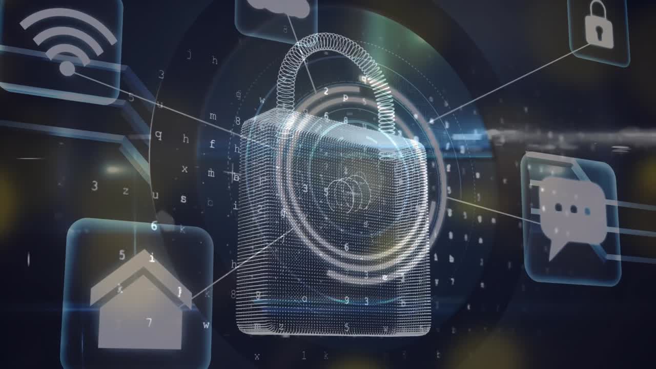 animación de los iconos de las aplicaciones informáticas sobre el candado contra números, letras, símbolos en el fondo