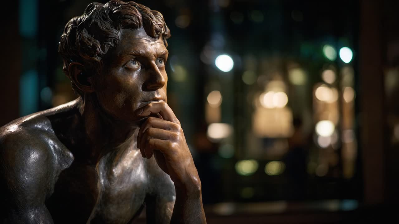 Thoughtful Bronze Sculpture Capturing Human Emotion and Contemplation in Artistry, Symbolizing Introspection and Creative Inspiration in Captivating Detail