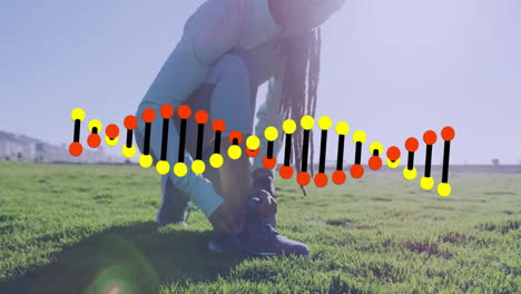 person tying shoelaces on grass with dna strand animation overlay