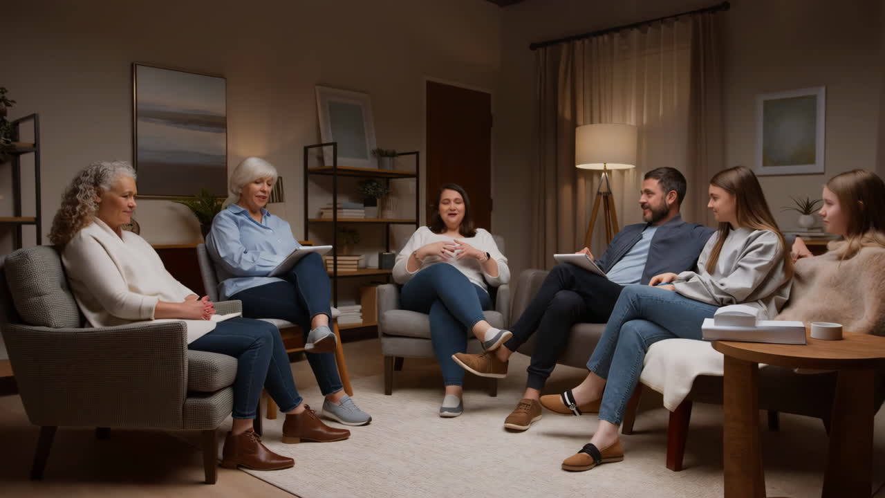 A diverse group of adults participating in a discussion or support group meeting in a living room