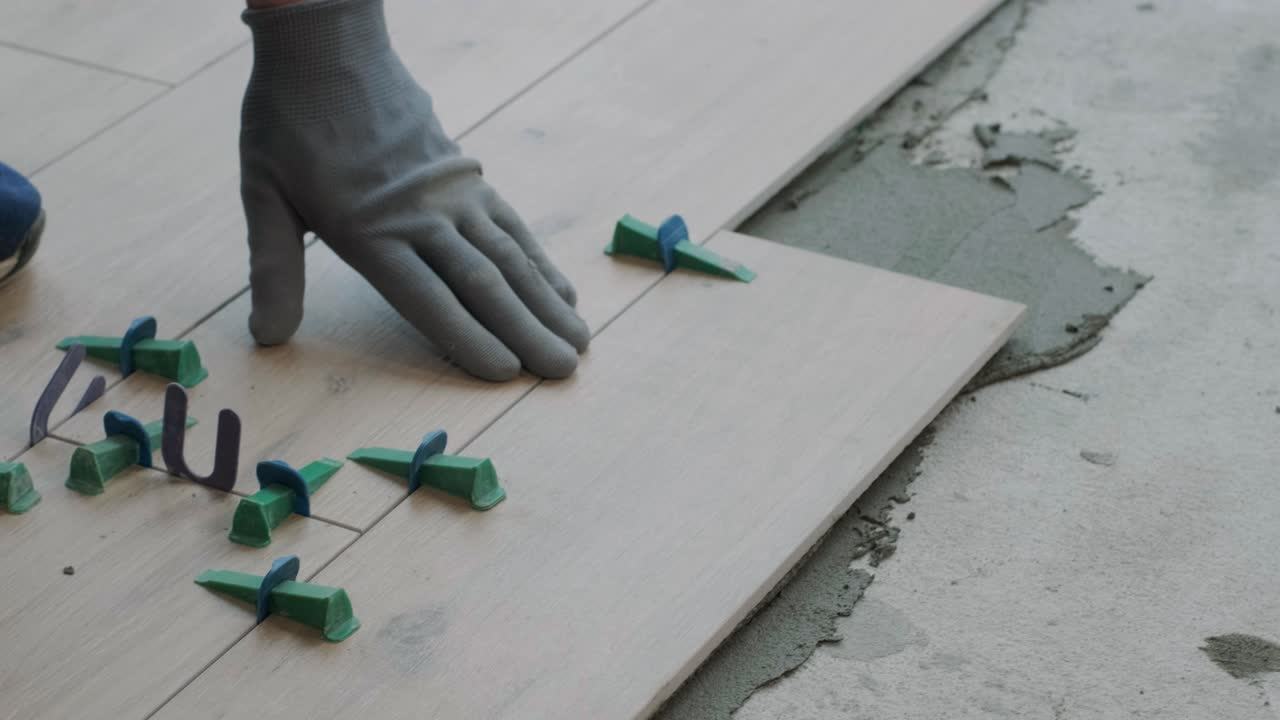 Installing ceramic floor tiles - measuring and cutting the pieces. Construction, renovation, repair apartment. Cuts tile. Tile cutting