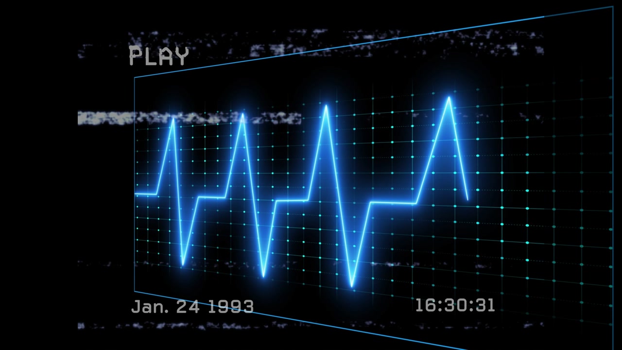 PLAY indicator starting playback, neon panels animating, rearranging to reveal multichannel traces