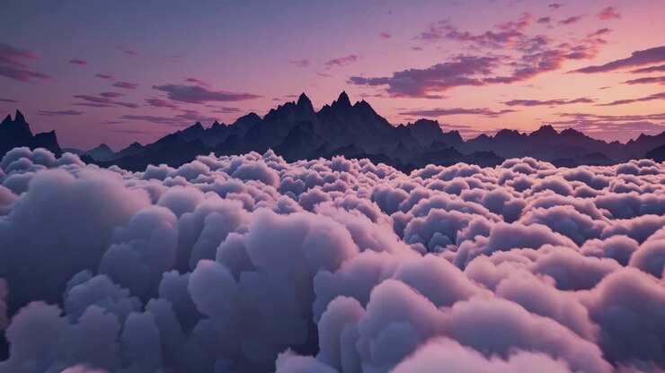 Aerial video captures a dreamy landscape of fluffy clouds and distant mountains at sunset