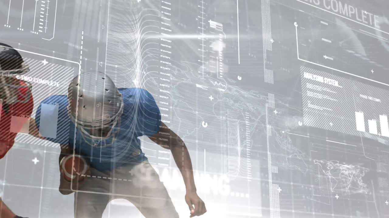 animación de procesamiento de datos sobre diversos jugadores de fútbol americano que se enfrentan para la pelota