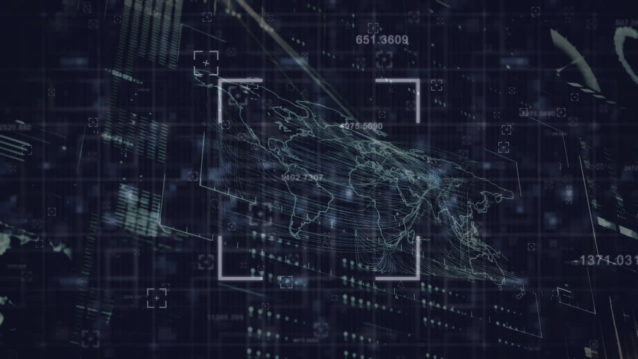 검은색 배경에서 마크의 애니메이션과 디지털 데이터 처리가