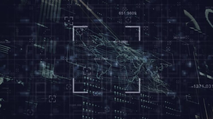 Animation of marke and digital data processing over black background
