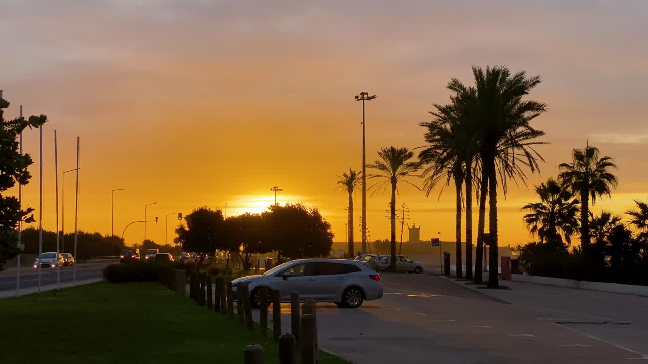 hermoso atardecer en la naturaleza sobre árboles y autos cerca de la playa