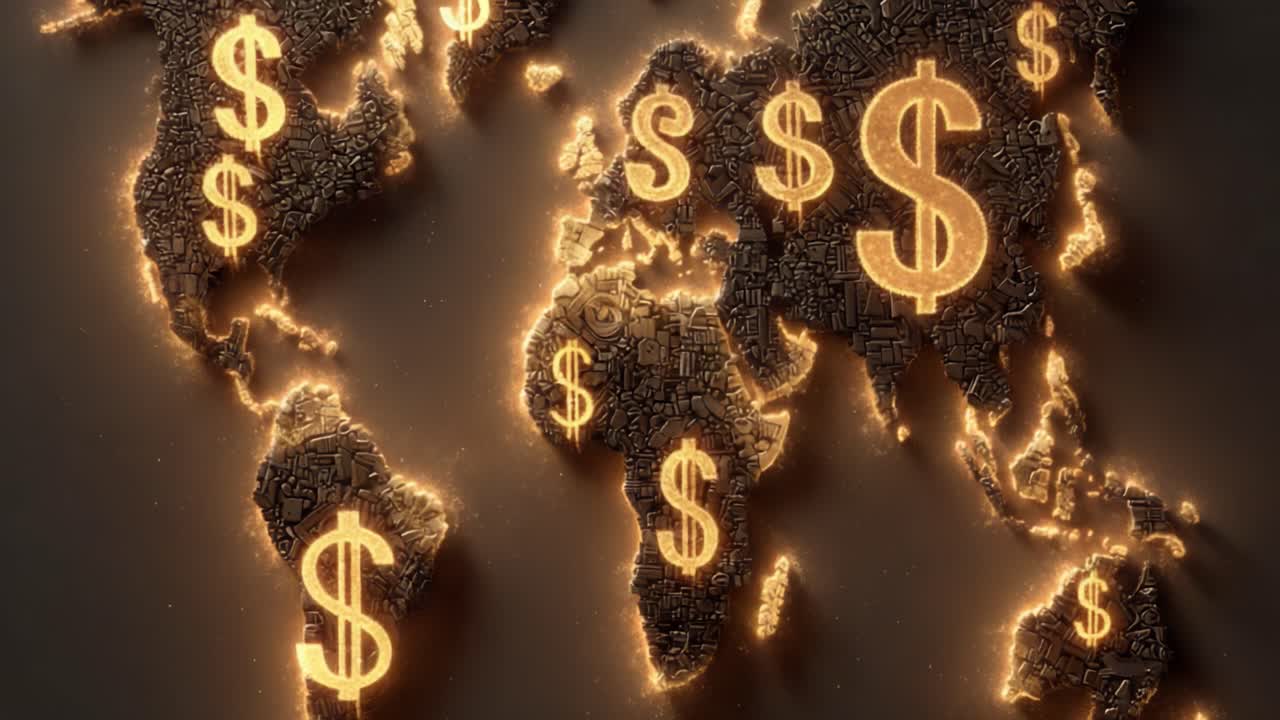 A Stunning Animation of the World Map Illuminated by Golden Dollar Signs, Representing Global Economics and Financial Interactions, Diverse Wealth Distribution, and Capital Flow