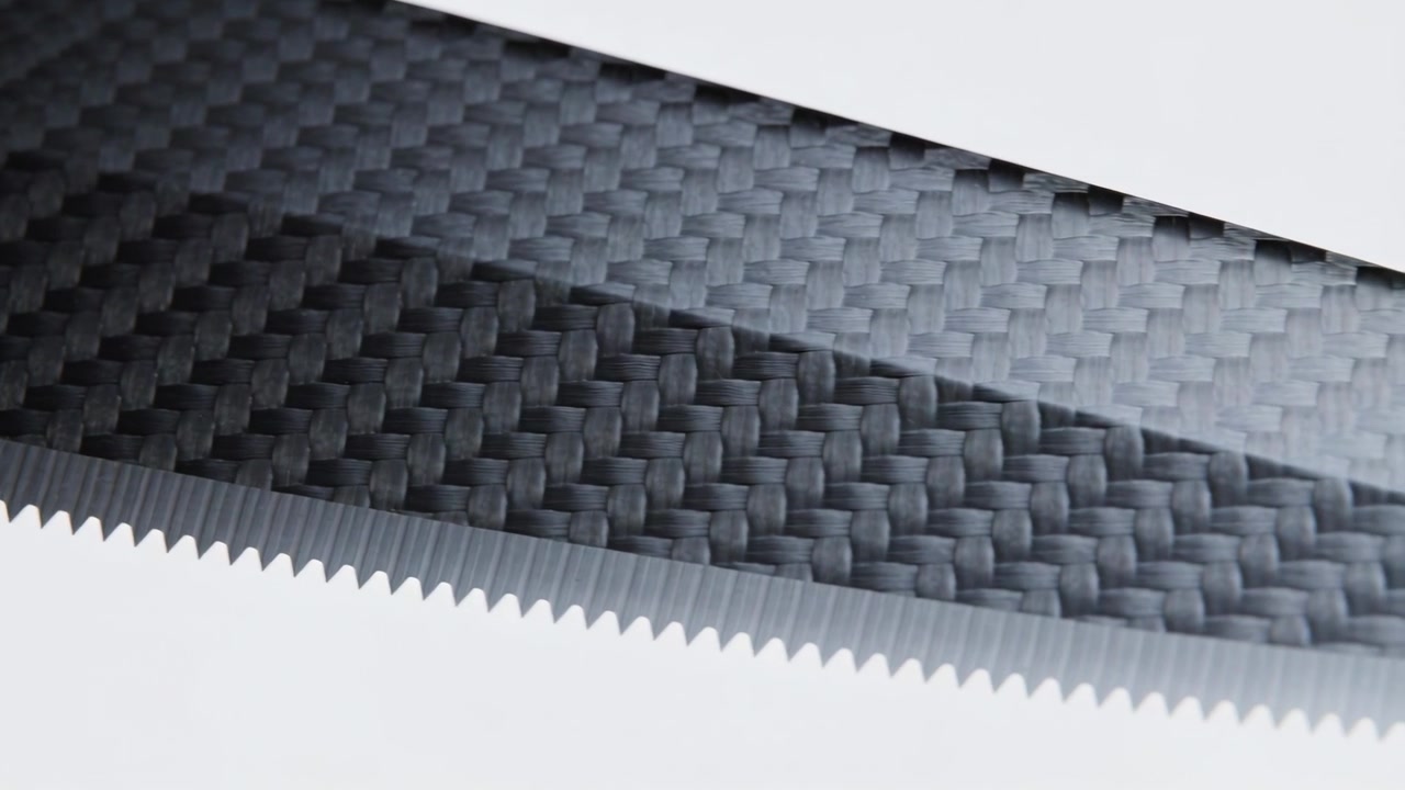 Frames starting, sliding serrated blade rotating in studio, showing carbon weave and serrations