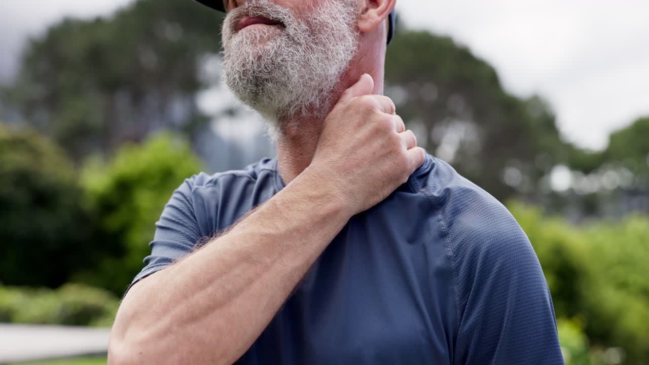 homem idoso, pescoço e dor com a mão