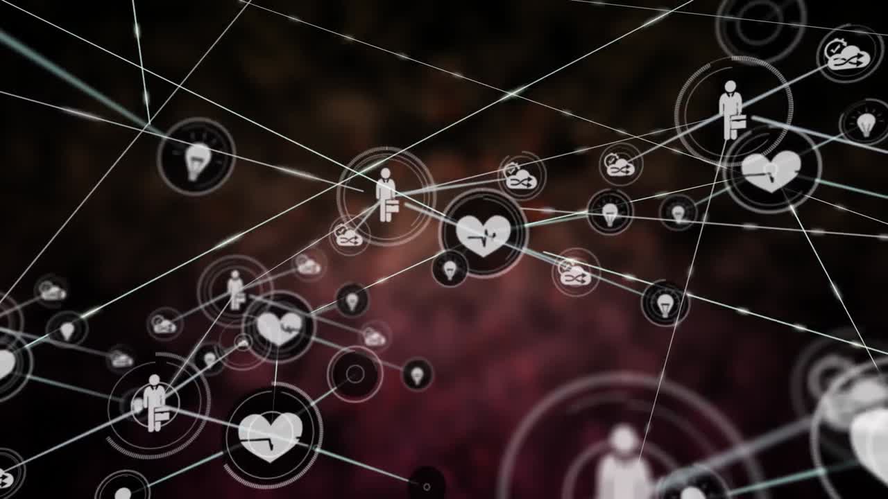 검은색 배경에 아이콘으로 연결 네트워크의 애니메이션