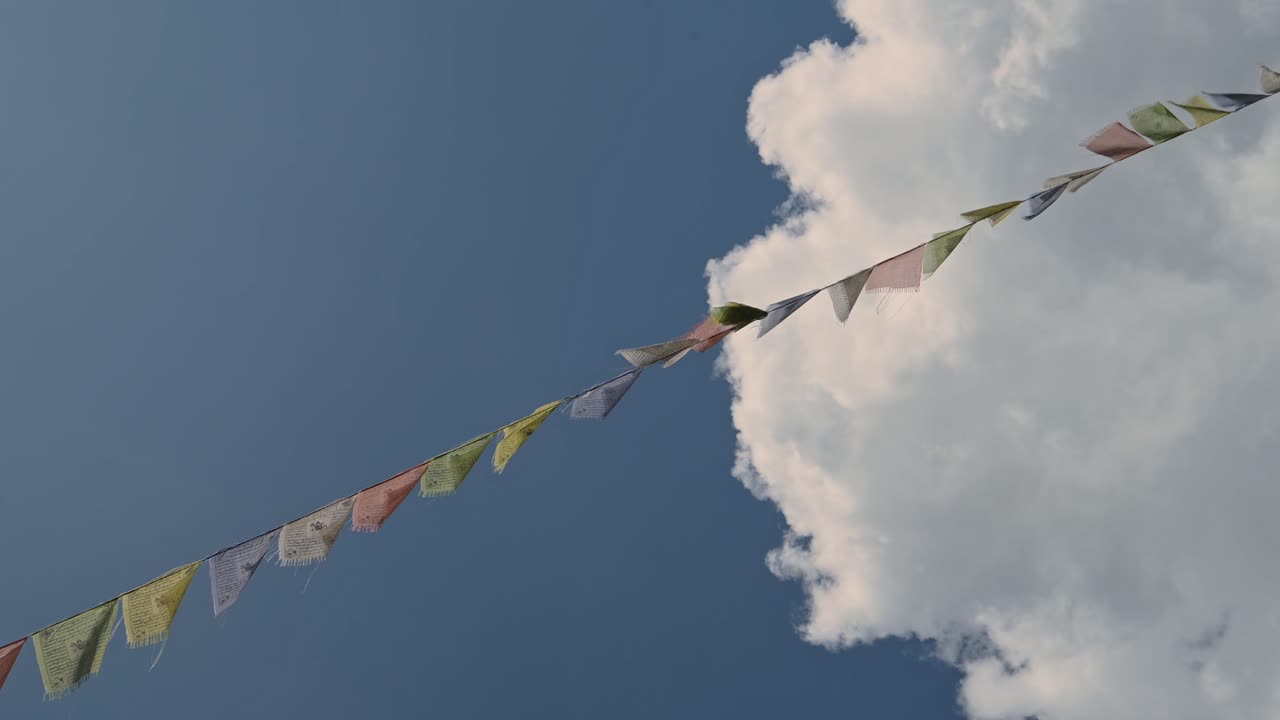 Buddhism Religious Background with Copy Space, Buddhist Religion Prayer Flags and Blue Sky, Background of Colourful Prayer Flag Blowing in the Wind in Nepal, Background withe Copyspace