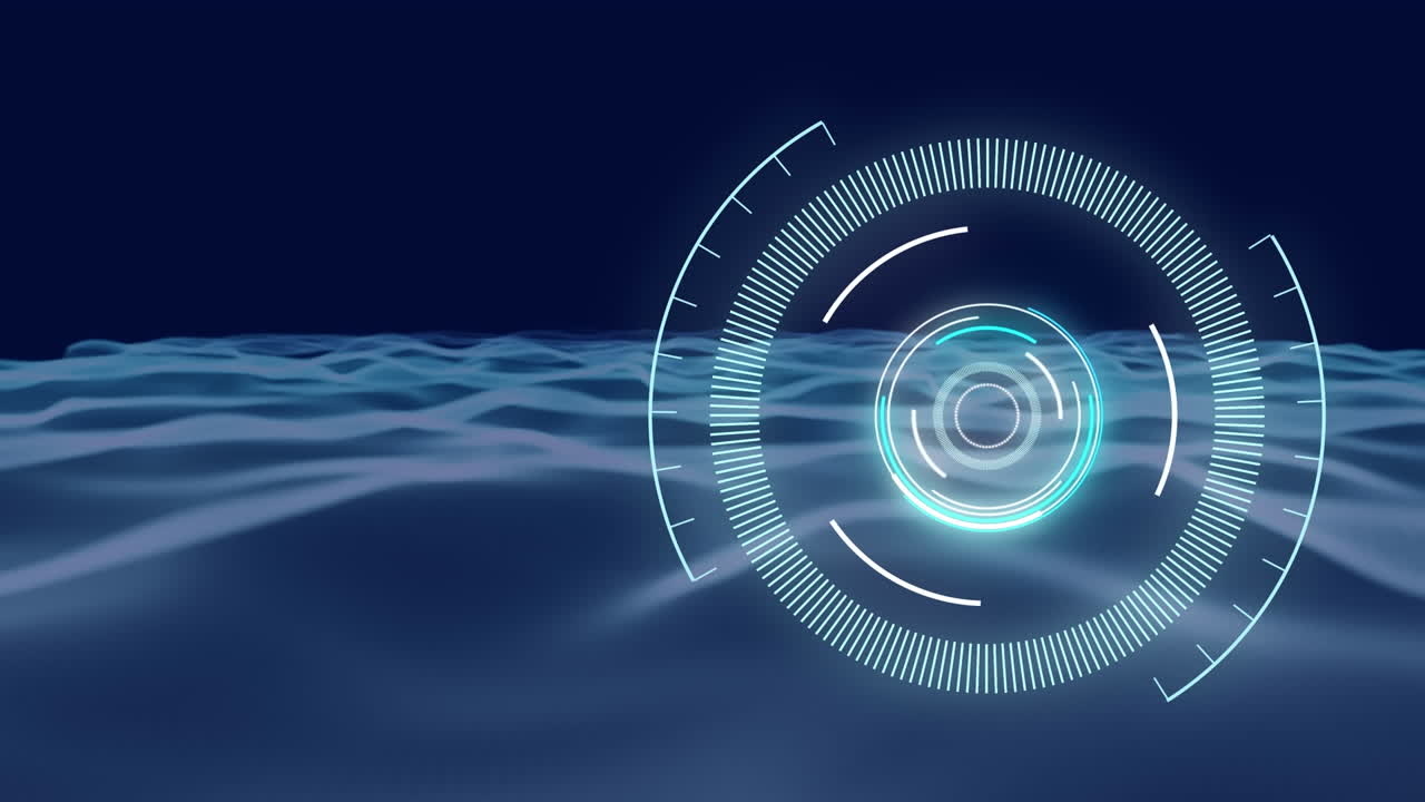 animación de un escáner redondo de neón que gira sobre la onda digital contra un fondo azul