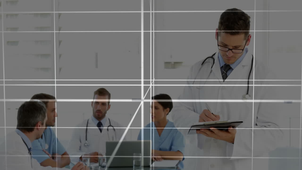 Doctors in meeting and writing notes over grid lines animation