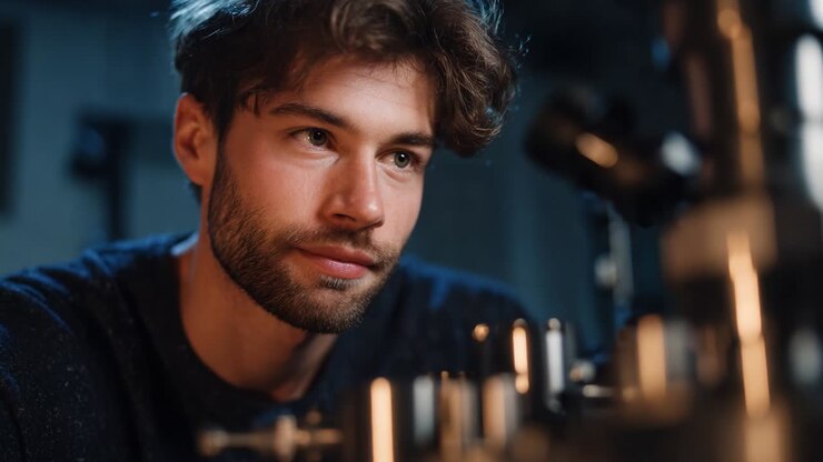 Una persona concentrata esamina attrezzature complesse con vivo interesse, mostrando l'essenza della curiosità e dell'esplorazione in un ambiente profondamente coinvolgente e ricco di strumenti scientifici.