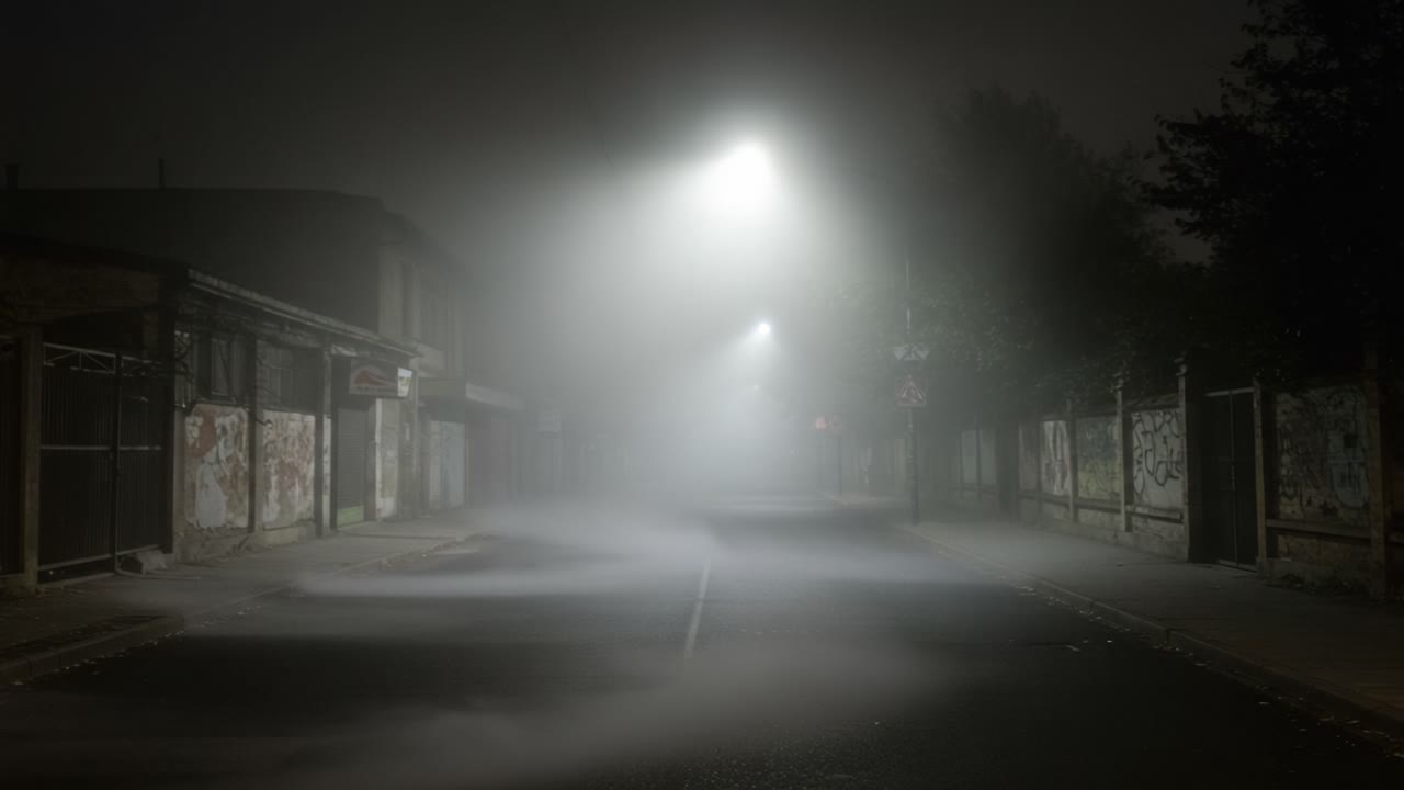 Uhyggelig tåkete gate: Svakt opplyste stier innhyllet i tett tåke skaper en atmosfære av mystikk og stillhet, ideelt for å fremkalle spenning og ubehag