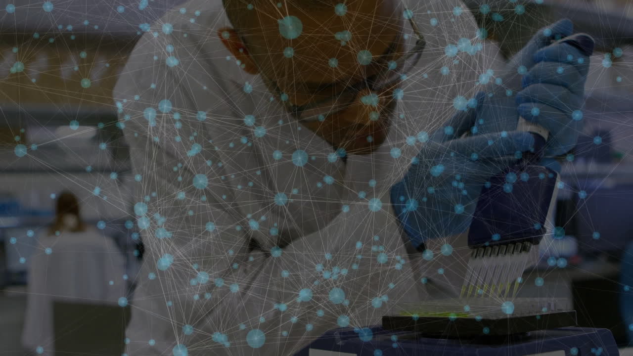 Scientist working in laboratory with network of connections animation overlay