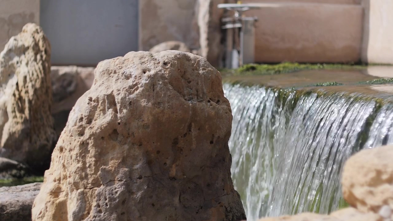 Inquadratura statica del canale di irrigazione del mulino Reale nel parco comunale di Elche, Spagna, in super slow motion. Originariamente registrato a 180fps