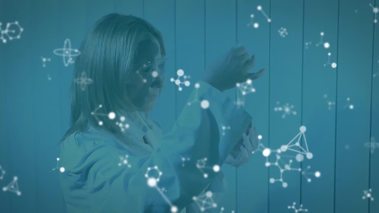 Animation of molecules over caucasian female lab worker