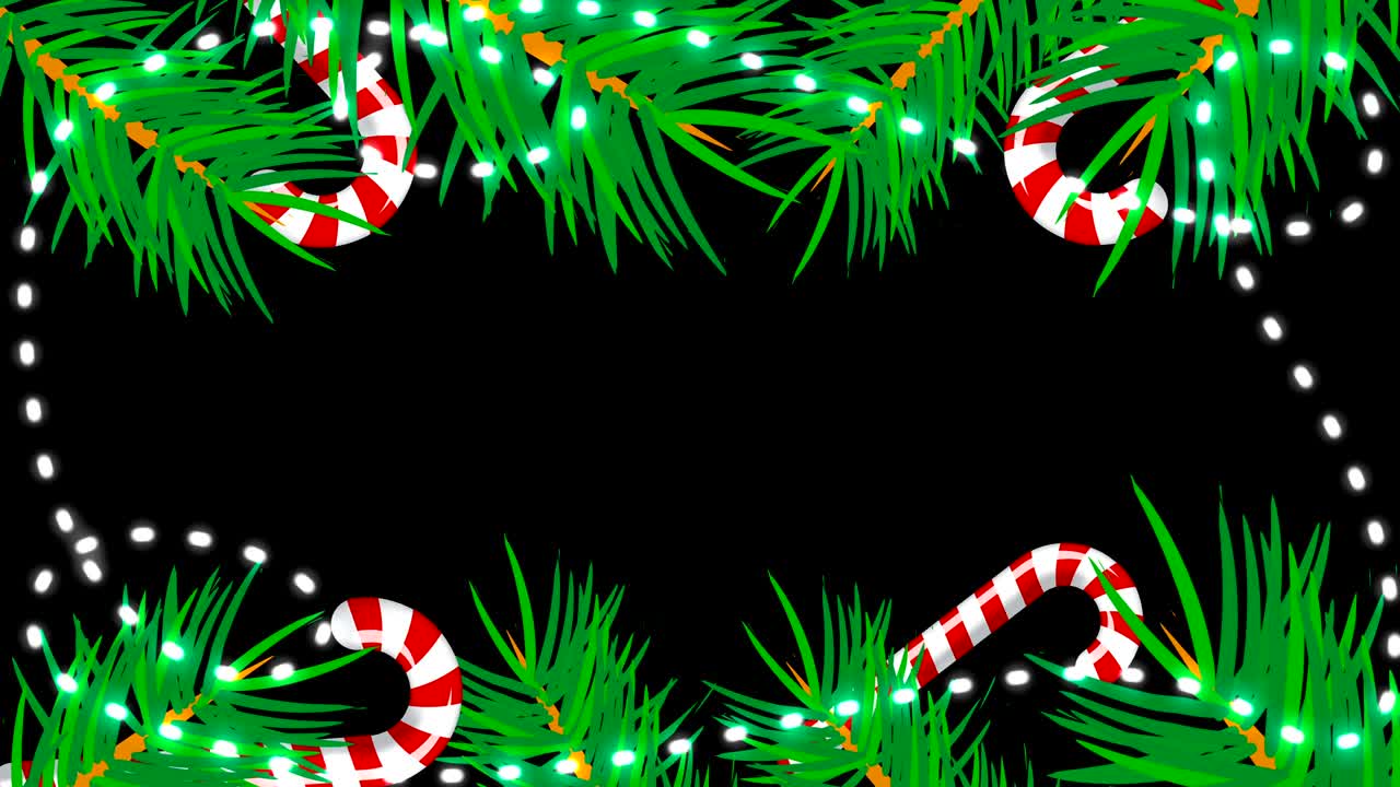 검은 바탕에 크리스마스 프레임, 브런치 트리, 캔디 및 조명과 함께 추상적인 배경