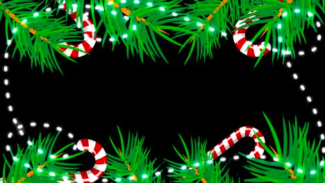 christmas frame on black background. abstract backdrop with brunch trees, candys and lights