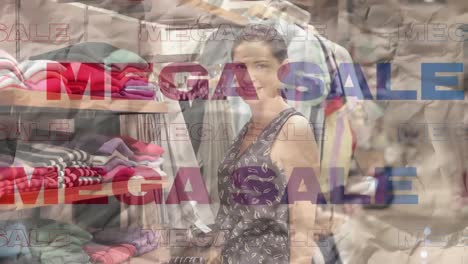 Animation-of-new-season-text-in-red-and-blue,-over-woman-arranging-clothes-on-shelves-in-shop