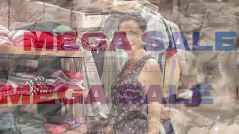 animation of new season text in red and blue, over woman arranging clothes on shelves in shop