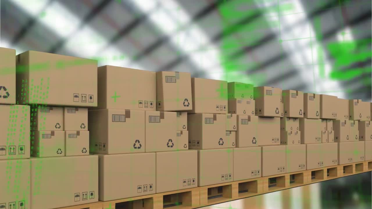 animación del procesamiento de datos sobre cajas de cartón en cinta transportadora en el fondo