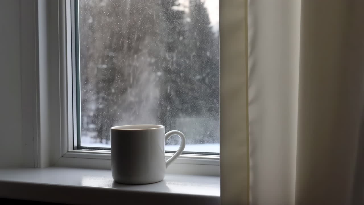 Hot drink on a windowsill on a snowy day