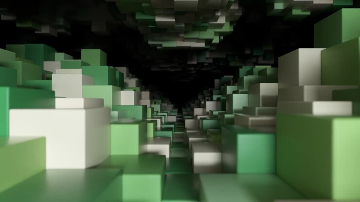 Abstract geometric tunnel made of cubes with random movement. Seamless loop 3d render