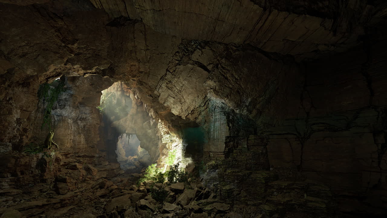 Mysterious cave with sunlight filtering through rocky formations