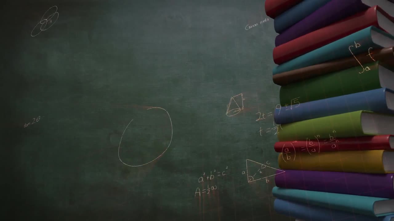 animación de ecuaciones matemáticas sobre una pila de libros