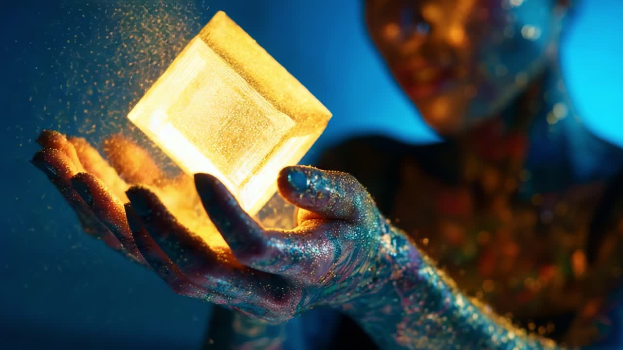 A mesmerizing portrayal of a figure with glittering body art, gracefully holding a glowing cube of light, highlighting the beauty of creativity and expression in a stunning visual display