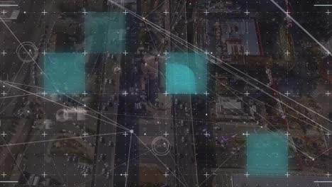 animación de puntos conectados con iconos gráficos sobre el cuadrado contra la vista aérea de los vehículos en la calle