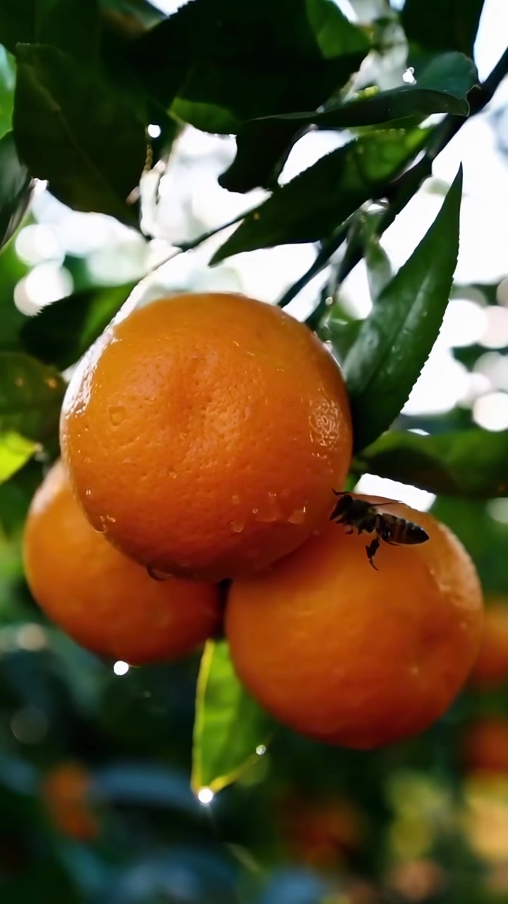 Ape che impollina arance fresche su un ramo d'albero
