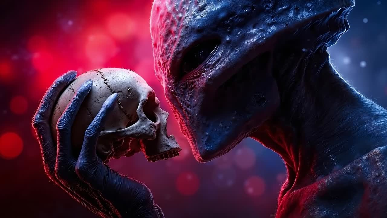 A man holding a skull in his hand next to a skull